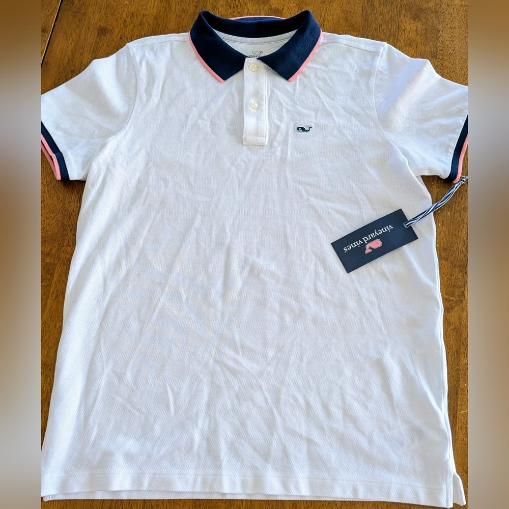 Vineyard Vines White Polo with Navy Collar & Pink Trim
